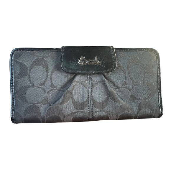 VTG Coach Black Signature Coated Canvas Leather Flap Wallet Long - Picture 1 of 7